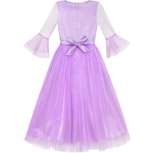 Girls Dress Peacock Illusion Shoulder Bell Sleeve Size 4-14 Years