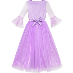 Girls Dress Peacock Illusion Shoulder Bell Sleeve Size 4-14 Years