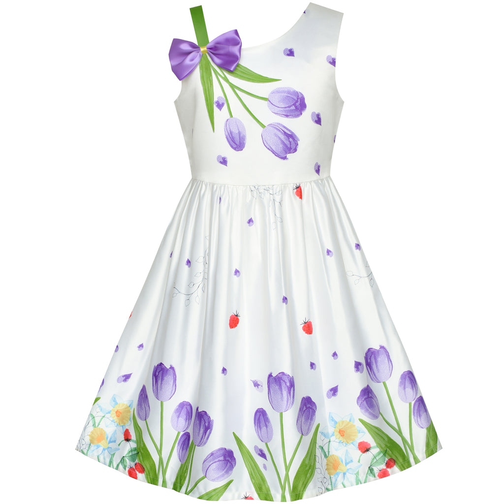 Girls Dress Purple Tulip Flower Bow Tie One Shoulder Size 6-12 Years