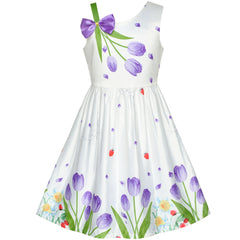 Girls Dress Purple Tulip Flower Bow Tie One Shoulder Size 6-12 Years