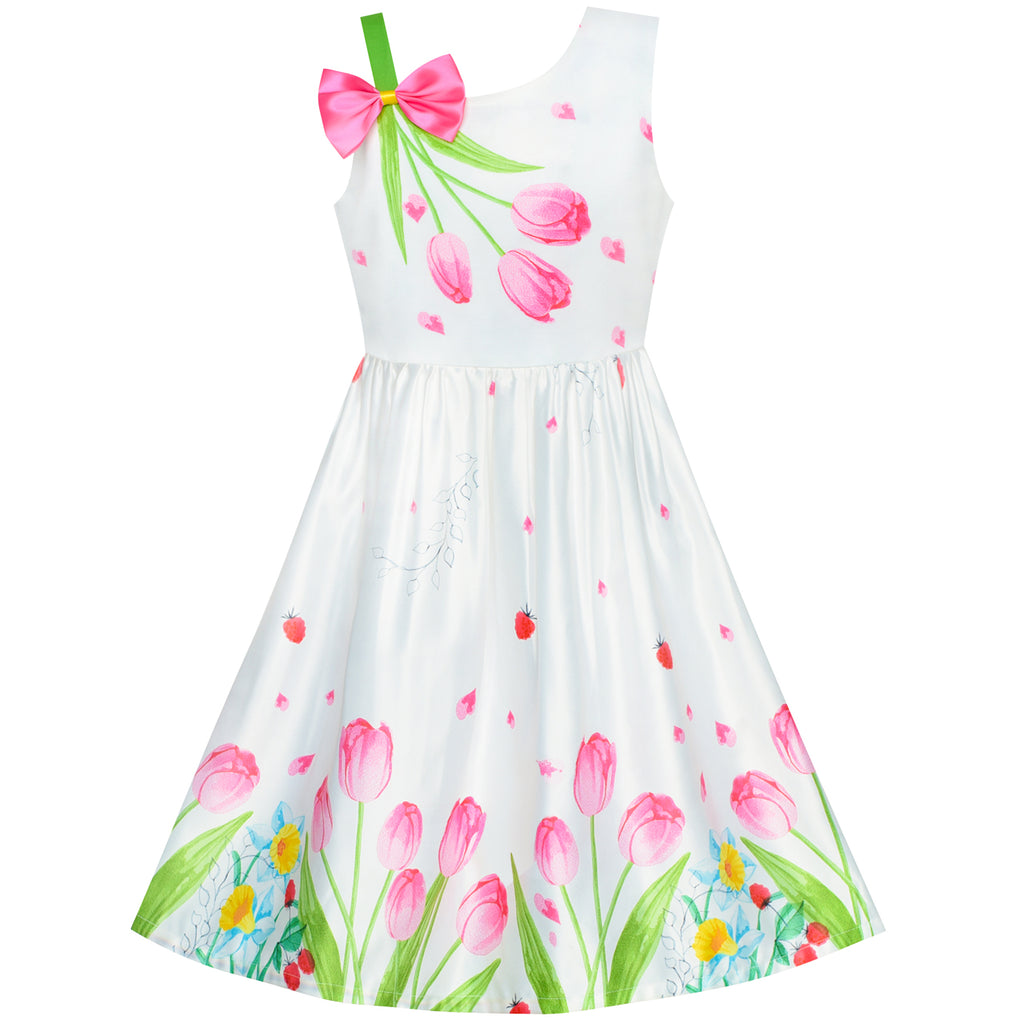 Girls Dress Pink Tulip Flower Bow Tie One Shoulder Size 6-12 Years