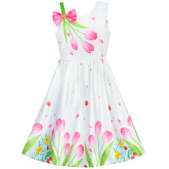 Girls Dress Pink Tulip Flower Bow Tie One Shoulder Size 6-12 Years