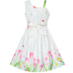 Girls Dress Pink Tulip Flower Bow Tie One Shoulder Size 6-12 Years