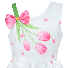 Girls Dress Pink Tulip Flower Bow Tie One Shoulder Size 6-12 Years
