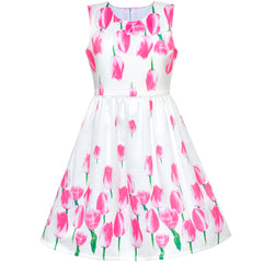 Girls Dress Tulip Flower Party Sundress Size 5-8 Years