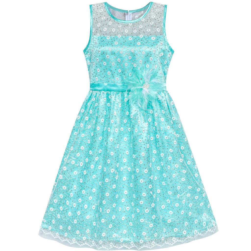 Flower Girl Dress Lace Sequin Flare Blue Wedding Party Size 5-12 Years