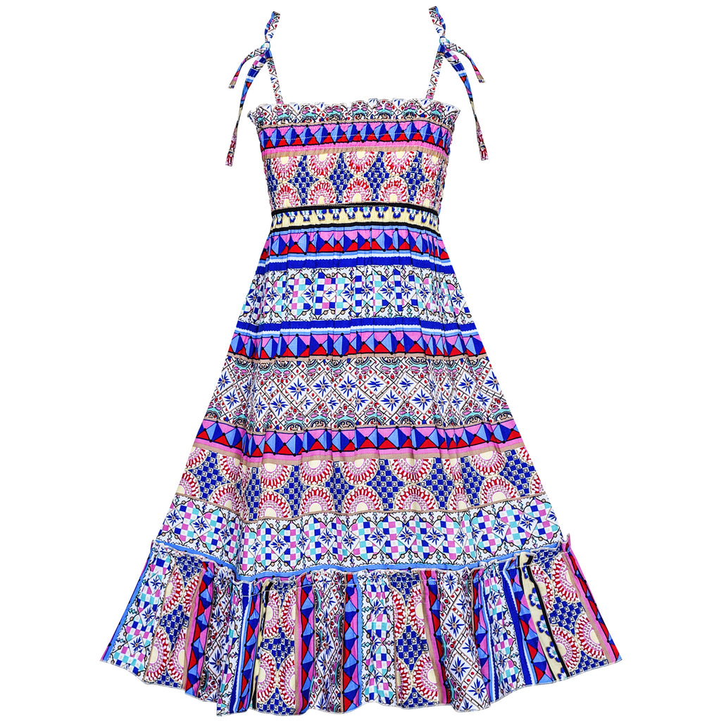 Girls Dress Bohemian Smocked Halter Tank Sundress Size 6-12 Years