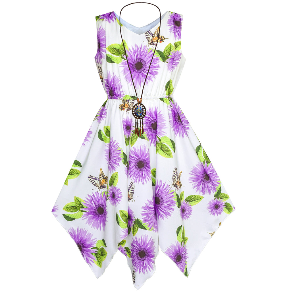 Girls Dress Purple Flower Hanky Hem With Necklace Size 7-14 Years