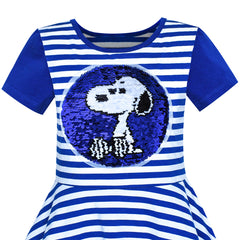 Girls Dress Navy Blue Cotton Dog Reversible Sequin Striped Size 7-14 Years