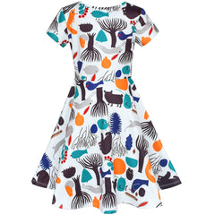 Girls Dress Tree Bird Bear Cartoon Short Sleeve Dress Size 3-12 Years