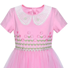 Girls Dress Collar Lace Short Sleeve Birthday Size 5-12 Years