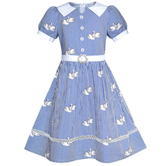 Girls Dress School Blue Strip Swan Belted White Collar Size 7-14 Years