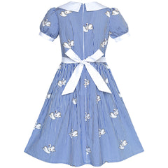 Girls Dress School Blue Strip Swan Belted White Collar Size 7-14 Years