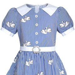 Girls Dress School Blue Strip Swan Belted White Collar Size 7-14 Years