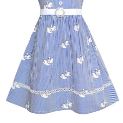 Girls Dress School Blue Strip Swan Belted White Collar Size 7-14 Years