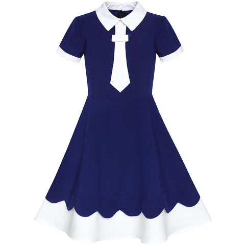 Girls Dress Back School Uniform Navy Collar Tie Short Sleeve Size 5-12 Years