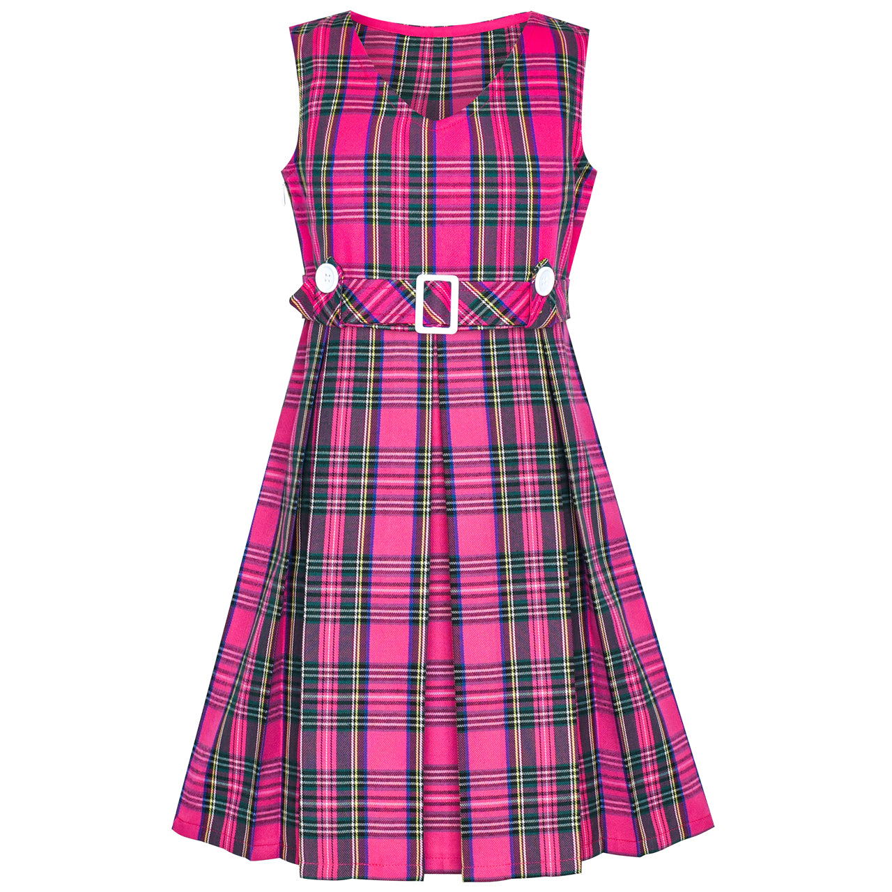 Girls Dress Pink Tartan Button Back School Pleated Hem Sunny Fashion Girls Dress Pink Tartan Button Back School Pleated Hem Sunny Fashion