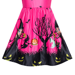 Girls Dress Fuchsia Halloween Witch Bat Pumpkin Costume Halter Dress Size 7-14 Years