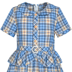 Girls Dress 2-in-1 Blue Tartan School Uniform Pleated Hem Belted  Size 5-12 Years
