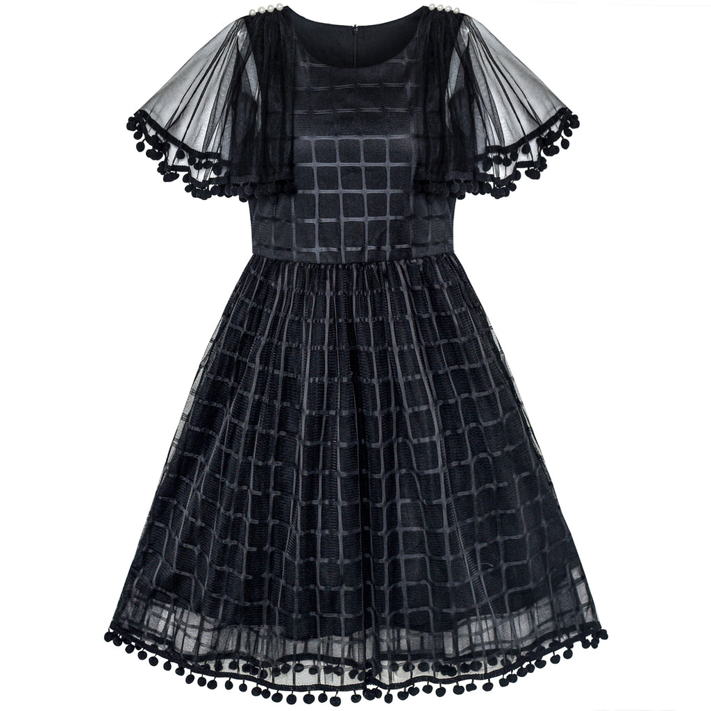 Girls Dress Black Tulle Cape Sleeve Plaid Tartan Party Size 5-12 Years