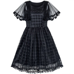 Girls Dress Black Tulle Cape Sleeve Plaid Tartan Party Size 5-12 Years
