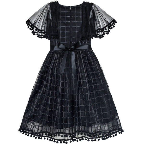 Girls Dress Black Tulle Cape Sleeve Plaid Tartan Party