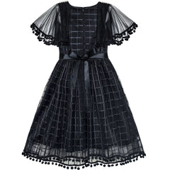 Girls Dress Black Tulle Cape Sleeve Plaid Tartan Party Size 5-12 Years