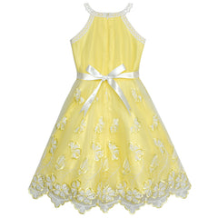 Girls Dress Yellow Butterfly Embroidered Halter Dress Size 5-12 Years