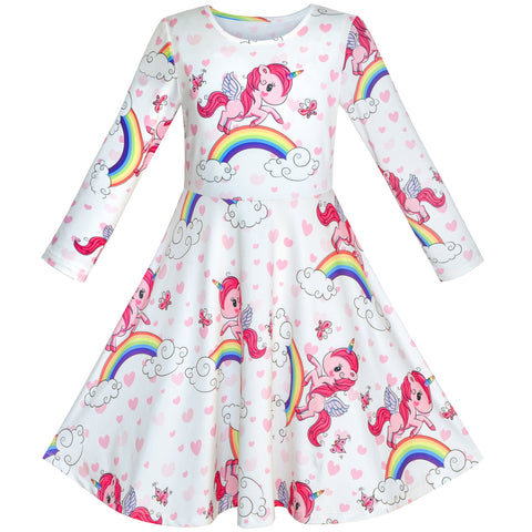 Girls Dress Unicorn Rainbow Long Sleeve Casual Dress Size 3-8 Years