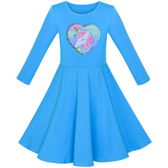 Girls Dress Cotton Blue Unicorn Sequin Long Sleeve Casual Size 4-8 Years