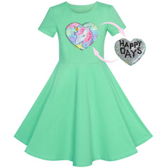 Girls Dress Cotton Unicorn Sequin Short Sleeve Casual Size 3-12 Years