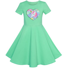 Girls Dress Cotton Unicorn Sequin Short Sleeve Casual Size 3-12 Years
