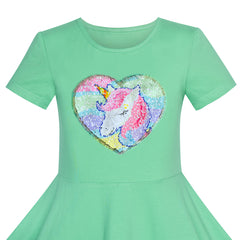 Girls Dress Cotton Unicorn Sequin Short Sleeve Casual Size 3-12 Years