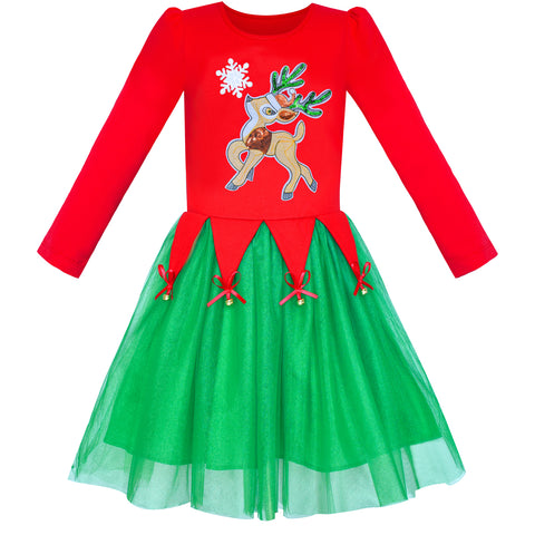 Girls Dress Christmas Reindeer Jingle Bell Long Sleeve Size 6-12 Years