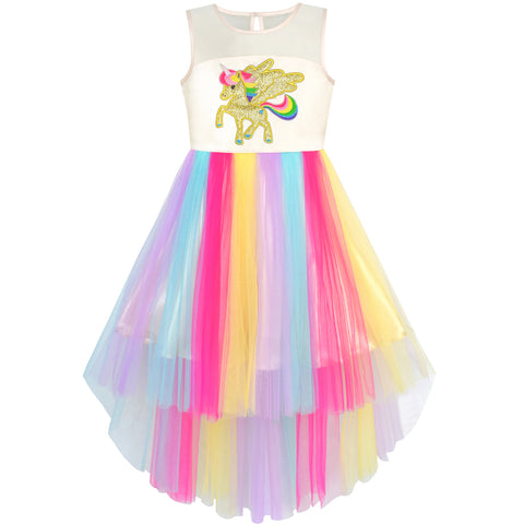 Girls Dress Embroidered Unicorn Rainbow Halloween Costume Size 7-10 Years
