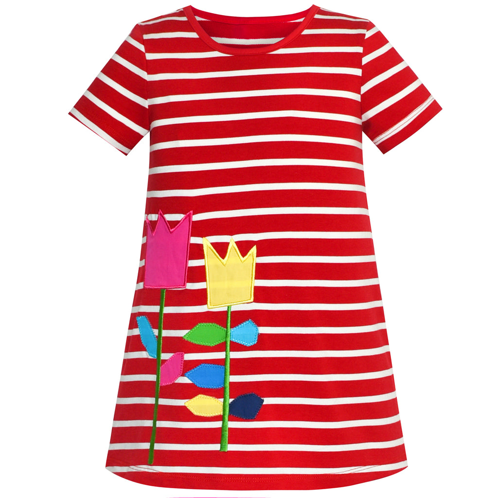 Girls Dress Flower Embroidered Stripe Short Sleeve Size 2-12 Years