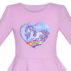 Girls Dress Cotton Purple Unicorn Sequin Short Sleeve Casual Size 4-8 Years