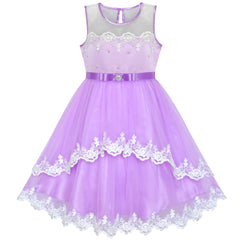 Flower Girls Dress Lace Belted Wedding Party Size 4-14 Years