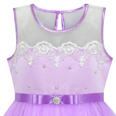 Flower Girls Dress Purple Lace Belted Wedding Party Size 4-12 Years