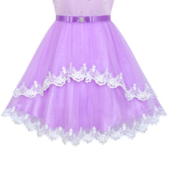 Flower Girls Dress Purple Lace Belted Wedding Party Size 4-12 Years