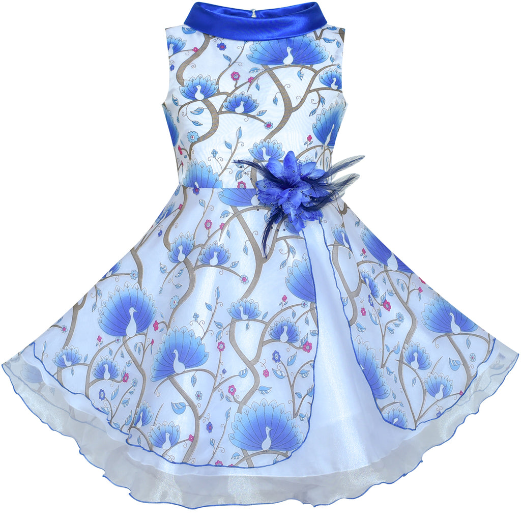 Flower Girls Dress Blue Peacock Wedding Bridesmaid Size 6-12 Years