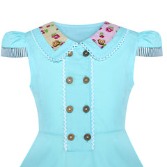 Girls Dress Blue Button Casual Short Sleeve Everyday Size 6-14 Years