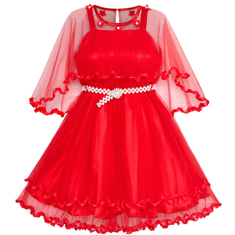 Girls Dress Cape Pearl Belt Wedding Party Size 3-14 Years