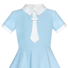Girls Dress Back School Blue White Collar Tie Short Sleeve Size 5-12 Years
