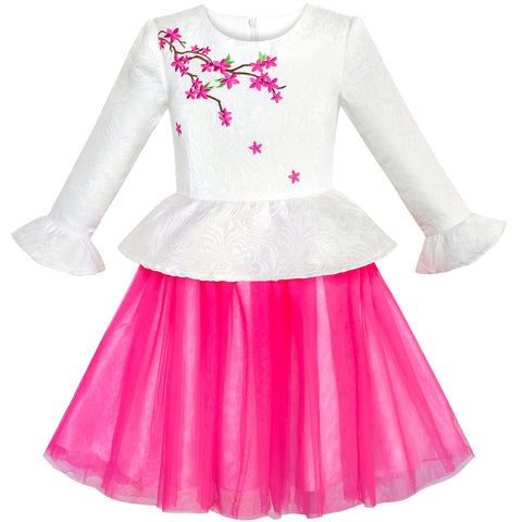 Girls Dress 3/4 Sleeve Plum Flower Embroidery 2-in-1 Set Size 7-14 Years