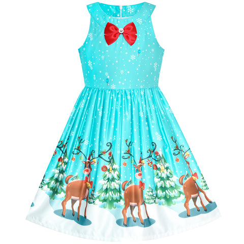 Girls Dress Blue Christmas Tree Snow Reindeer New Year Size 7-14 Years