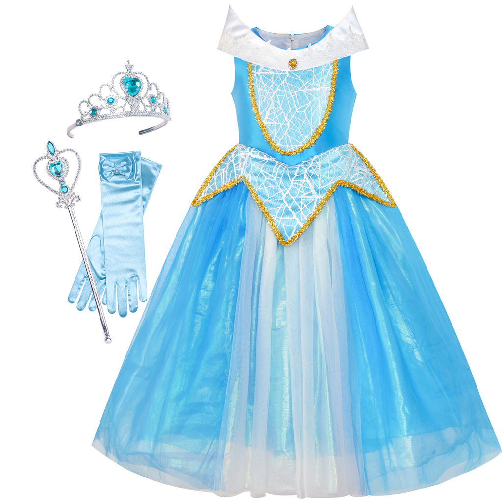 Princess Aurora Costume Briar Rose Accessories Crown Magic Wand Size 4-12 Years
