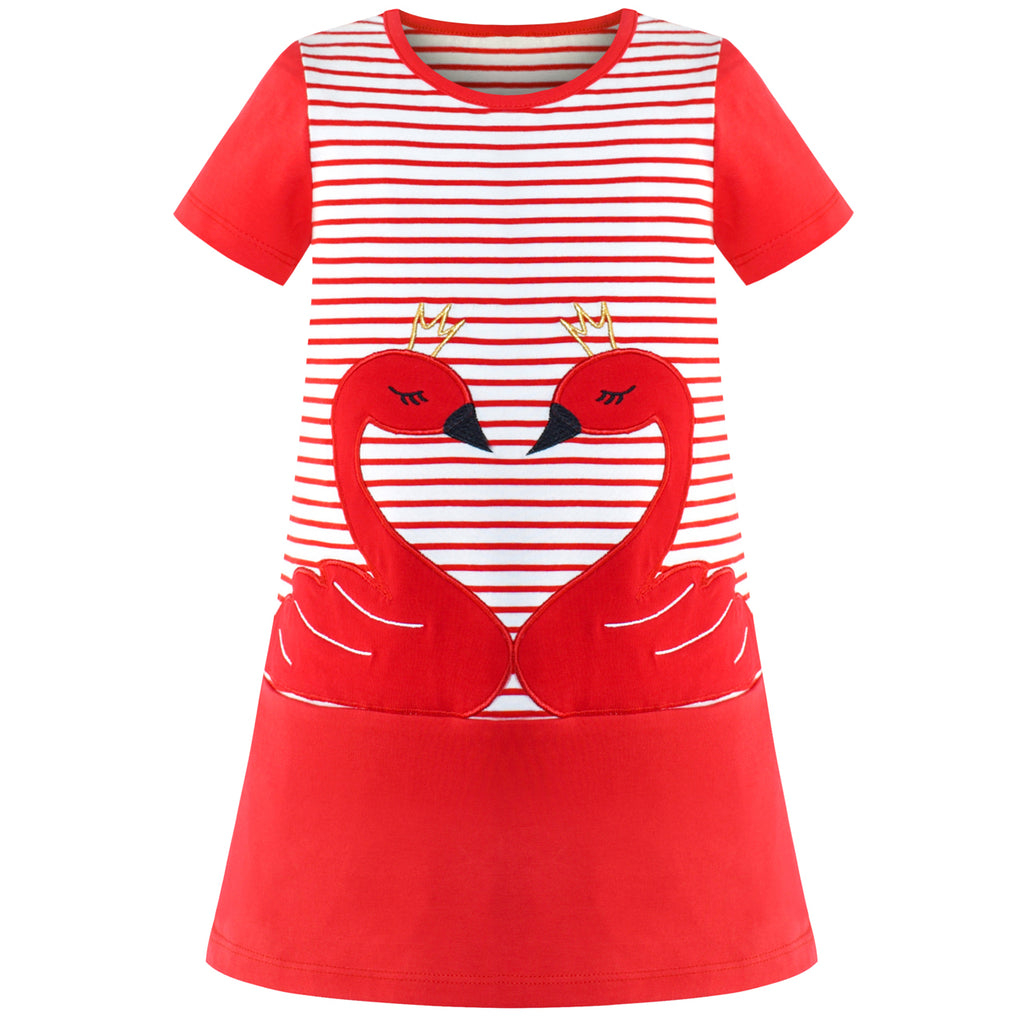 Girls Casual Dress Cotton Short Sleeve Swan Embroidered Size 2-8 Years