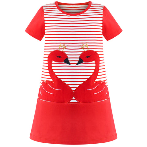 Girls Casual Dress Cotton Short Sleeve Swan Embroidered Size 2-8 Years