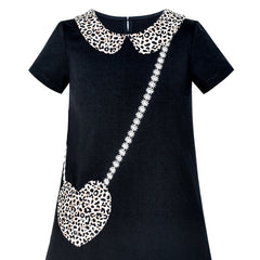 Girls Dress Casual Short Sleeve Leopard Collar Heart Pocket Bag Size 4-10 Years